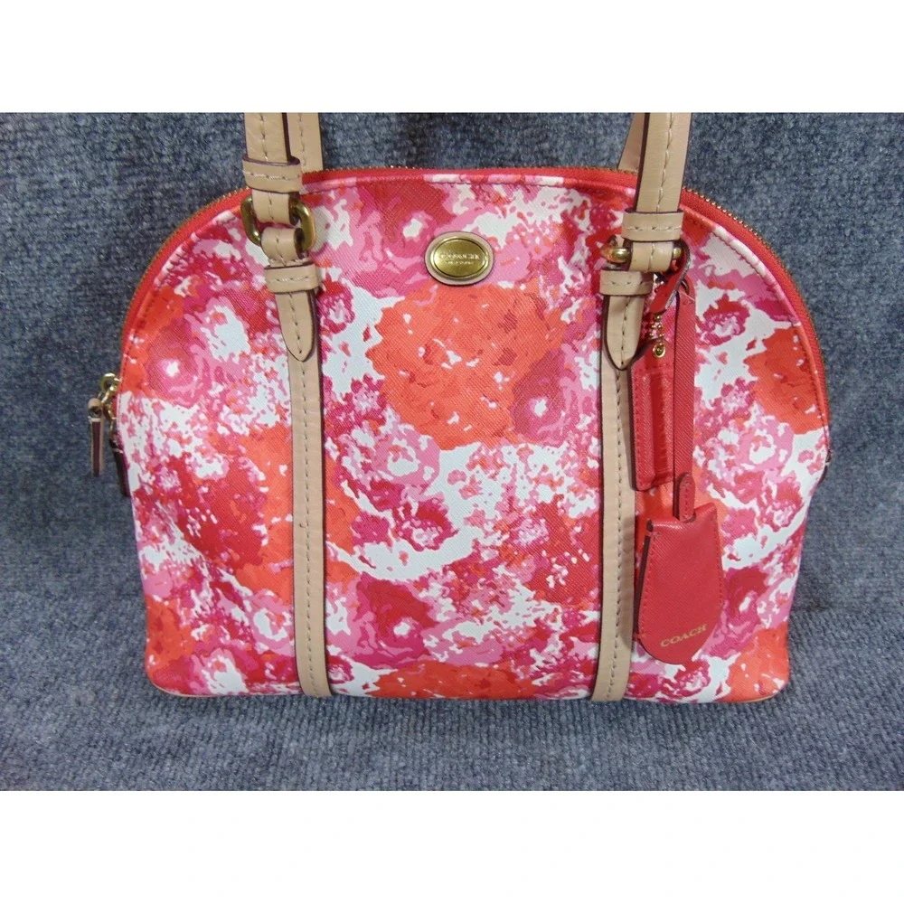 Coach Satchel Pink Orange Floral Coated Canvas Leather Trim F31341‎ FLAW READ